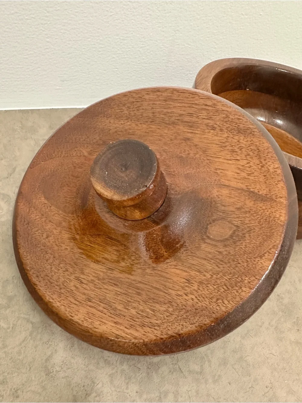 Vintage Hand Turned Solid Wooden Lidded Covered Bowl w/ Knob - Brown Trinket Box